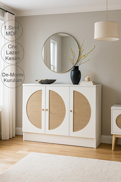 Onouqo Artemis Beyaz 120cm İskandinav Jüt Kumaşlı %100 Mdf Konsol, Tv Ünitesi, Tv Sehpası G120xY85xD37