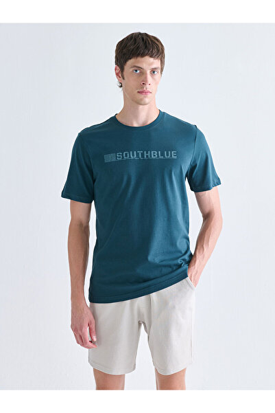 LC Waikiki تي شيرت رجالي من القطن الممشط مطبوع برقبة دائرية من Petrol