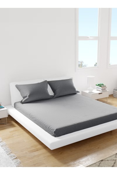 American Linen Queen Size Striped Fitted Elastic Bedsheet with 2 Pillow Cases 180 x 200 Cm (Grey)