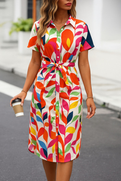 Bijuterria Γυναικείο κοντομάνικο γιακά με κουμπιά μπροστά με μοτίβο μονόχρωμο φόρεμα