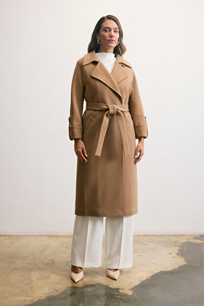 KENT Geniş Yakalı Kuşaklı Uzun Camel Kaban