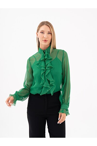 SERPİL Şifon Kumaş Kol ve Yaka Fırfır Detaylı Hakim Yaka Gömlek 39207
