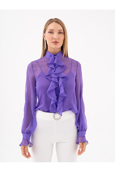 SERPİL Şifon Kumaş Kol ve Yaka Fırfır Detaylı Hakim Yaka Gömlek 39207