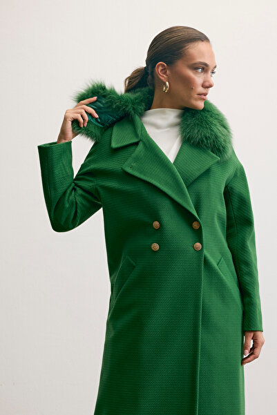 KENT Long Green Coat with Fur Collar