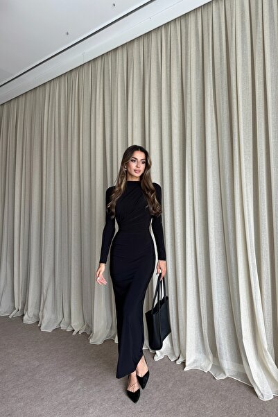 MAT Collection Kadın Siyah Drapeli Uzun Kollu Arka Yırtmaçlı Uzun Elbise