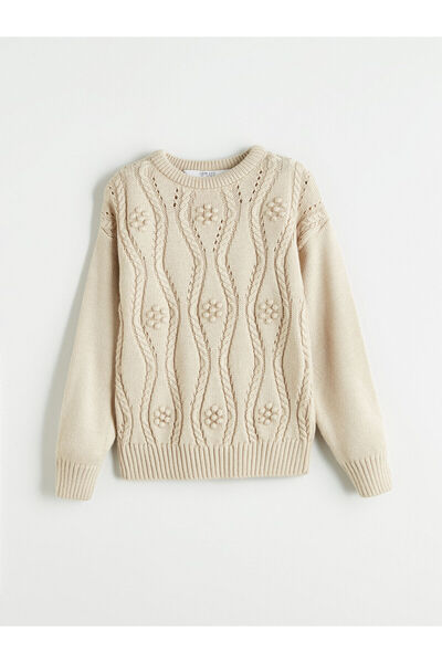 LC Waikiki Beige Crew Neck Girl's Knitwear Sweater