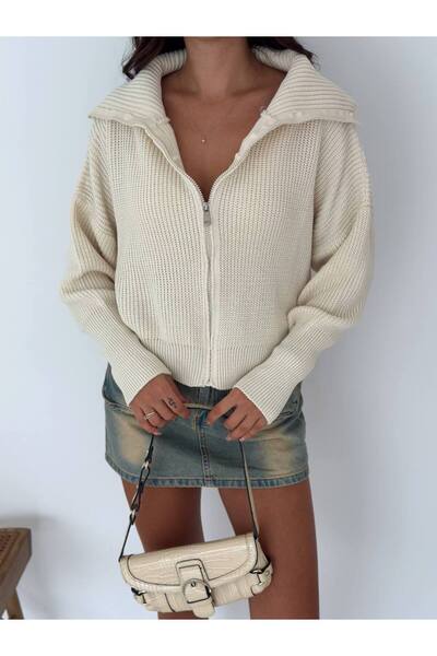 DONNA LISSA Women's Turn-Down Collar Thessaloniki Knitted Zippered Oversize Knitwear Cardigan