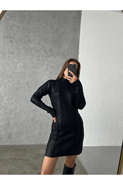 My Blog Siyah Varaklı Saç Örgü Detaylı Elbise - 4168