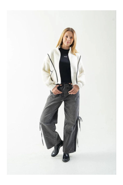 QUEEN KİDS سترة تريكو للفتيات من كوين كيدز 8558 مع فواصل، لون إكرو أسود