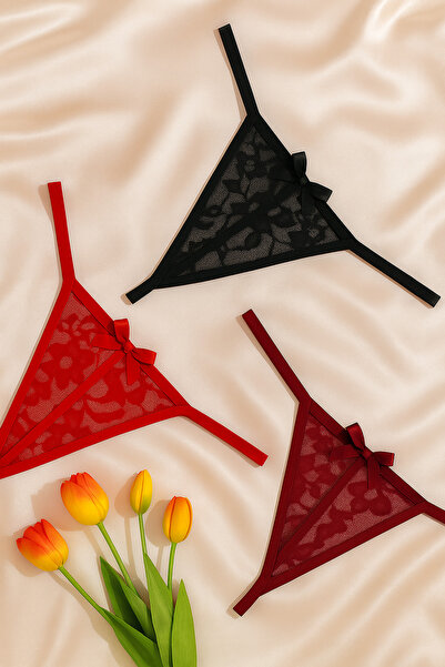 Maly Love Kadın 3 lü Paket Dantel Kırmızı Bordo Siyah Tanga