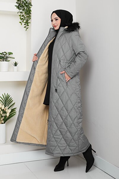 Hb Harma Time Butik معطف نسائي طويل مبطن بالفرو مع قلنسوة باللون الرمادي