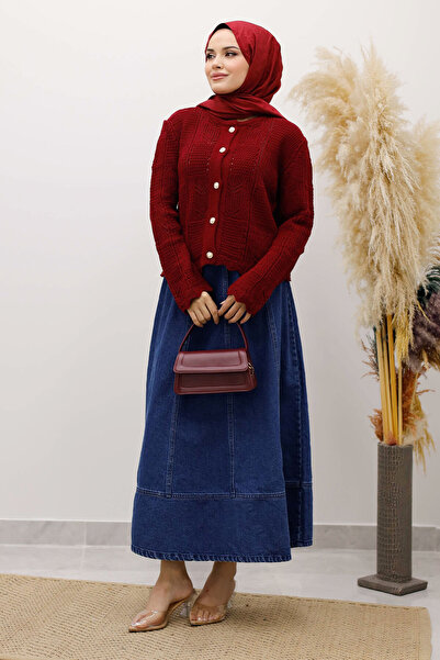 Tesettür Dünyası Embroidered Perforated Knitwear Cardigan Tsd250227 Claret Red