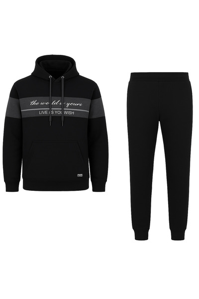 KozaLüks Men's Hooded Tracksuit Set with 3 Threads – Winter Sports and Casual Combination