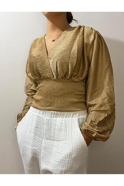 VİZORA BUTİK بلوزة نسائية أنيقة ذات ياقة على شكل حرف V وأكتاف ملتوية