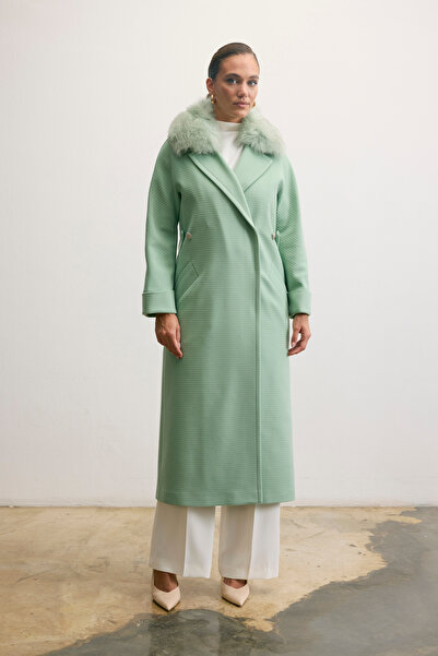 KENT Classic Long Mint Green Coat with Fur Collar