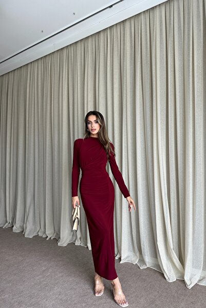 MAT Collection Kadın Bordo Drapeli Uzun Kollu Arka Yırtmaçlı Uzun Elbise
