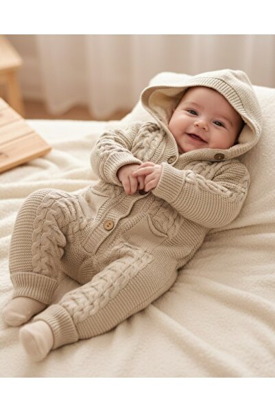 Ege Bebek Winter Knitwear Baby Romper, Welsoft Inside, Buttoned, Hooded, Thick Plush Romper for 3-6-9-12 Months