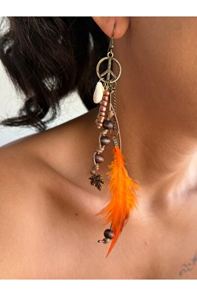 dela otantik Bohemian Feather and Peace Symbol Long Earrings – Handmade Colorful Authentic Bohemian Vintage Bijouterie Jewelry