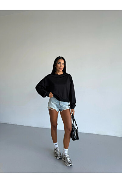 hazelin Women's Black Crew Neck 2 Thread Sweatshirt Hzl25W-Fry123391