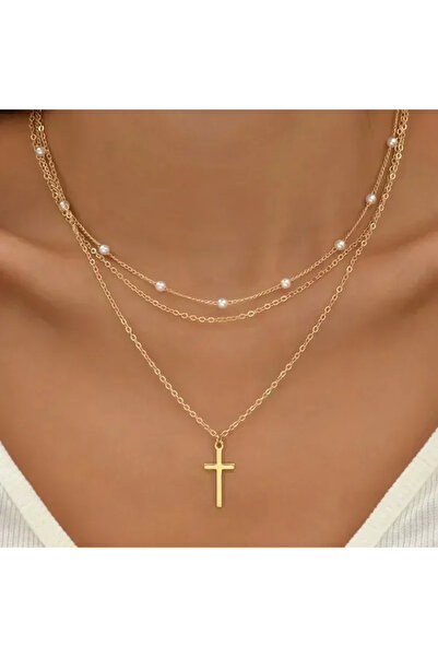 lor Colier Multistrat Auriu cu Perle și Pandantiv Cruce