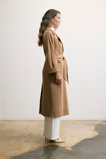KENT Long Camel Coat with Belt and Button Detail