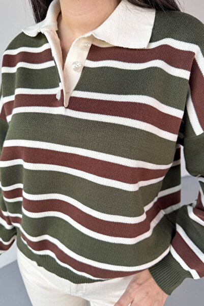 Cappmoda Trk-5317 Khaki Polo Collar Buttoned Striped Sweater