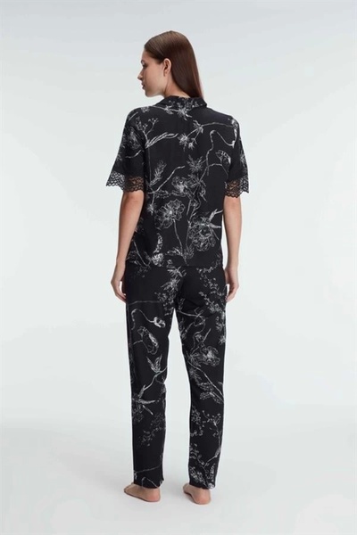 Anıl Morliva Half Sleeve V-Neck Women's Viscose Floral Pattern Summer Woven Lace Detailed Pajama Set