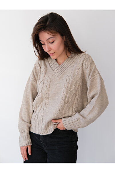 Butik Una Fiaba-Mink Women's V-Neck Soft Textured Hair Knit Sweater