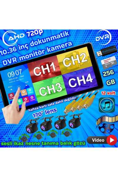Twogo 4 ADET AHD 720P NESNE TANIMALI SESLİ İKAZLI KAMERA DVR DOKUNMATİK MONİTÖR 12 VOLT