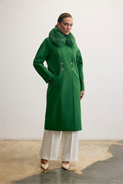 KENT Long Green Coat with Fur Collar