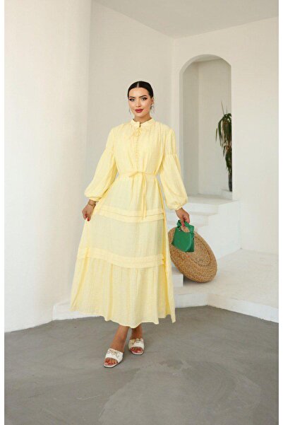 Dadali Herringbone Knotted Linen Dress Yellow
