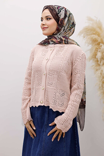 Tesettür Dünyası Embroidered Perforated Knitwear Cardigan Tsd250227 Pink