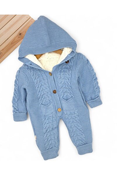 Ege Bebek Winter Knitwear Baby Romper, Welsoft Inside, Buttoned, Hooded, Thick Plush Romper for 3-6-9-12 Months