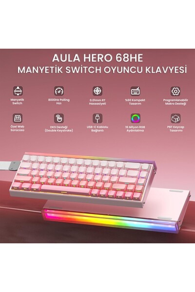 Aula Hero 68 HE Manyetik Klavye Rapid Trigger Black King Switch 8000Hz RGB Neon TKL Hot Swap Oyuncu