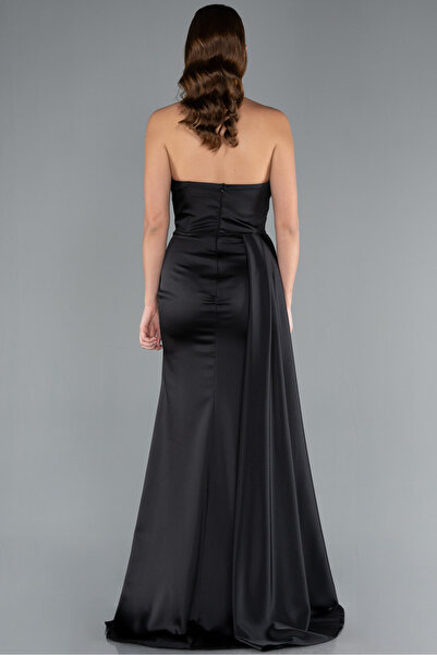 Abiyefon Siyah Kedi Kulağı Straplez Yırtmaçlı Uzun Saten Abiye ABU4841