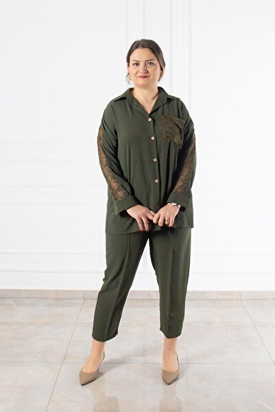 Bedrinxxl Kadın Büyük Beden Dantel Detaylı Düğmeli Gömlek Pantolon Takım Şık ...