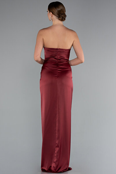 Abiyefon Bordo Straplez Balen Korse Yırtmaçlı Uzun Saten Abiye ABU3474