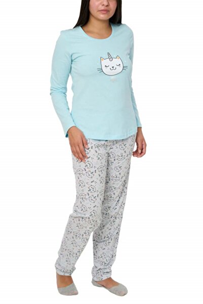 Centini Pijamale dama din bumbac, Kitty, crystal blue