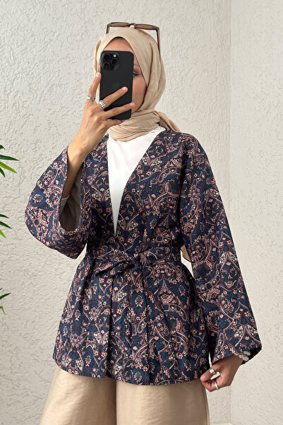 Salih Çelebi كيمونو بنمط كليم مع حزام 0016 - أزرق داكن
