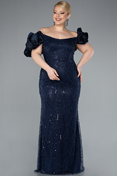 Abiyefon Lacivert Kısa Kol Boncuklu Uzun Büyük Beden Abiye ABU4788