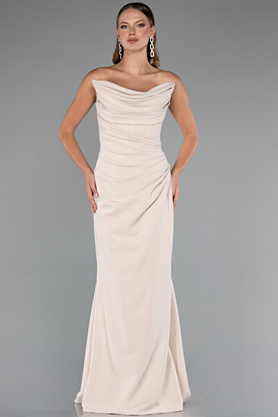 Abiyefon Bej Straplez Balen Korse Şallı Uzun Abiye Elbise ABU5216