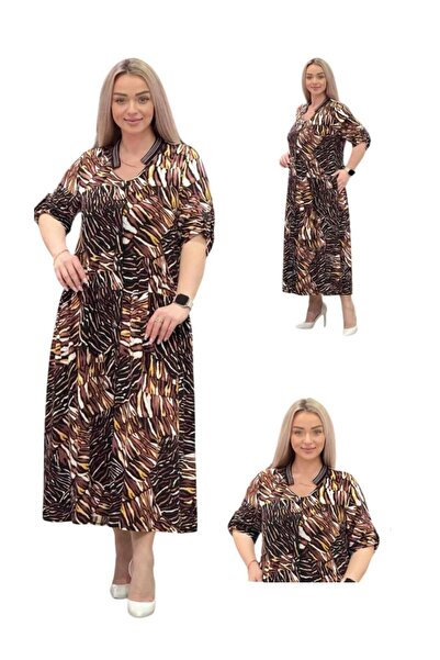 TESSY KADIN BÜYÜK BEDEN DESENLİ RİBANALI ELBİSE