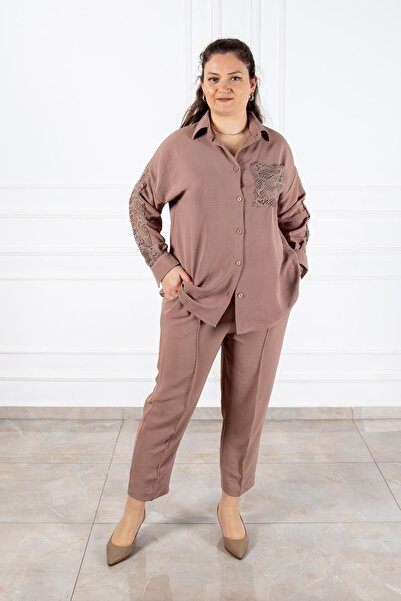 Bedrinxxl Kadın Büyük Beden Dantel Detaylı Düğmeli Gömlek Pantolon Takım Şık ...