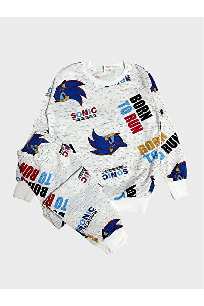 tusem butik homewear Boy's Cotton White Sonic Patterned Long Sleeve Seasonal Pajama Set