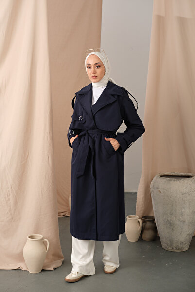 LOCCO Women's Sleeve Wrist Detail Tied Trench Coat Navy Blue