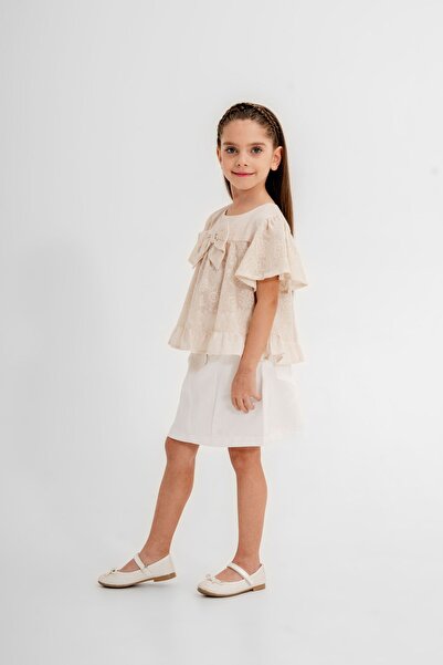 Gocoland Girl's 2-Piece Set, Embroidered Blouse and Belted Gabardine Skirt
