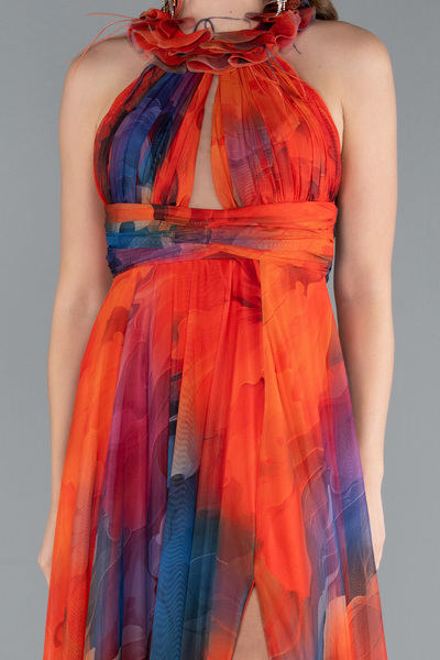 Abiyefon Orange Bacak Dekolteli Empirme Uzun Mezuniyet Elbisesi ABU4901