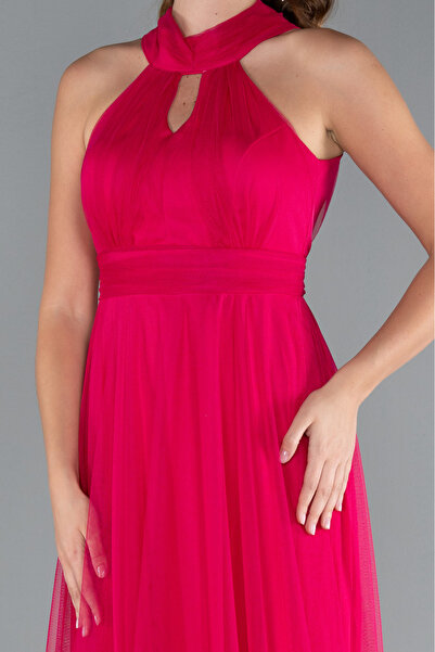 Abiyefon Fuşya Halter Yaka Uzun Abiye Elbise ABU3252