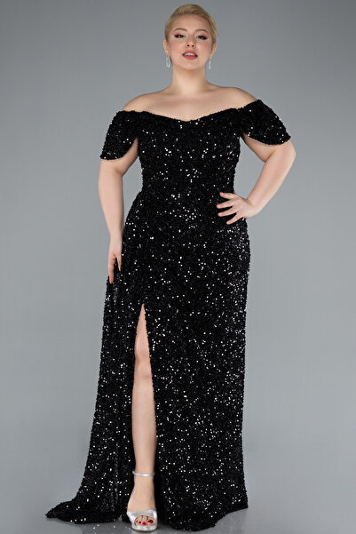 Abiyefon Siyah Kayık Yaka Yırtmaçlı Uzun Pullu Büyük Beden Abiye ABU4863