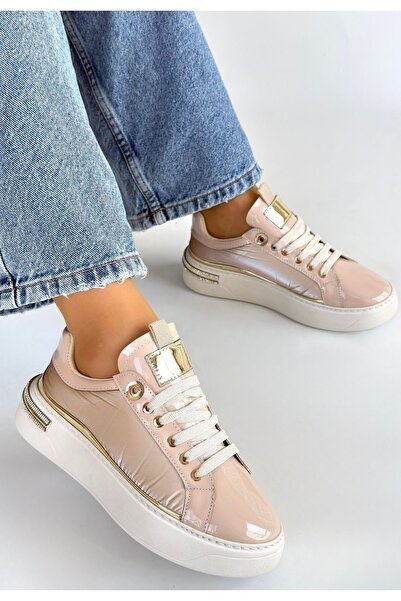 FTT SHOPPING MARKET Hley Beige Patent Leather Parachute Detailed Lace-Up Sneakers